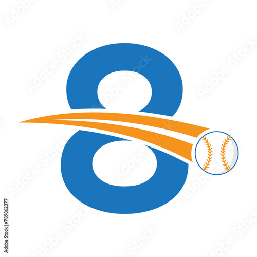 Baseball Logo On Letter 8 Concept With Moving Baseball Symbol. Baseball Sign
