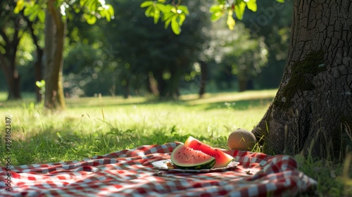 A checkered picnic blanket spread under a shady tree with a juicy watermelon slice resting on a plate, a gentle summer breeze rustling the leaves. 
