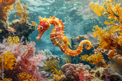 Whimsical seahorse swimming among coral reefs in a clear blue ocean. © Usama