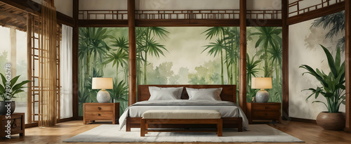 Realistic Interior Rendering of Asian-Inspired Bedroom with Watercolor Hand Drawing, Oriental Screens, and Bamboo Shoot - a Tranquil Eastern Sanctuary