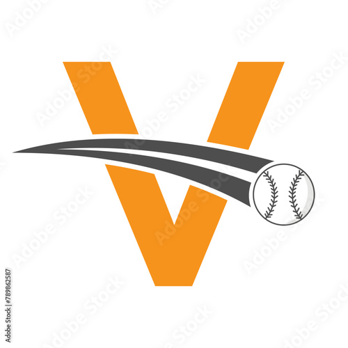 Baseball Logo On Letter V Concept With Moving Baseball Symbol. Baseball Sign