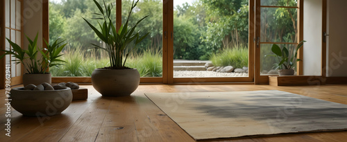 Watercolor hand drawing of serene studio with bamboo floor mats, Zen sand garden, and nature-inspired interior design - Stock photo concept