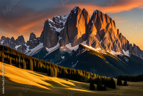 A stunning landscape at sunset with the sun casting a warm golden glow on the peaks of rugged, snow-capped mountains. 