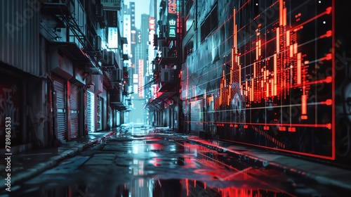 A digital art masterpiece in the cyberpunk style. A holographic stock chart  displaying a bearish trend  hangs in the foreground. Behind it  a dark alley bathed in neon light provides the backdrop.