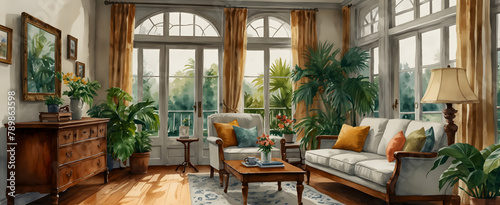 Watercolor hand drawing of vintage inspired living room with antique furnishings and conservatory with tropical plants. Realistic interior design with nature concept.