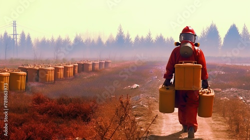 Chemical worker carrying canisters with hazardous materials generated ai photo