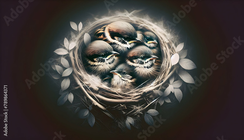 Nestled Kin: A Family of Birds Symbolizing Unity and Warmth in Double Exposure Close-Up Stock Photo