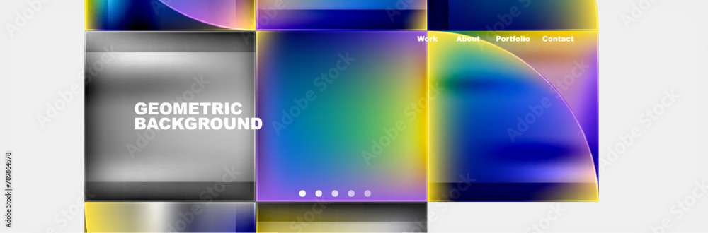 A vibrant collection of geometric backgrounds featuring a rainbow of colors including violet, magenta, and electric blue. Light lines and rectangles create a colorful and dynamic composition