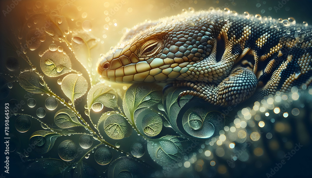 Close-Up Double Exposure of Lizard Scales and Dewy Leaves, Showcasing Nature's Textures in Serene Setting - Small Animal Detail in Photo Stock Concept Close-Up Double Exposure of Lizard Scales and Dewy Leaves, Showcasing Nature's Textures in Serene Setting - Small Animal Detail in Photo Stock Concept