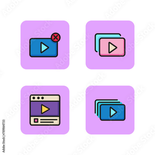 Video player line icon collection. Close online player, red cross, view YouTube, several videos. Watching video concept. Vector illustration for web design and apps