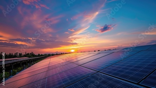 A field of solar panels at sunset. photo