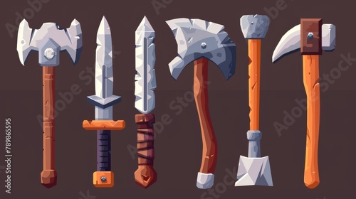 UI game design icon set of axe, sword, pick, hammer, shovel and pick axe. Modern cartoon illustration of old viking weapons. photo