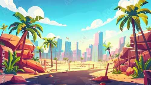 The background is a tropical landscape with palm trees and an empty asphalt road with a fence. The sky is filled with white clouds and there are rocks on the skyline  as well as city buildings on the