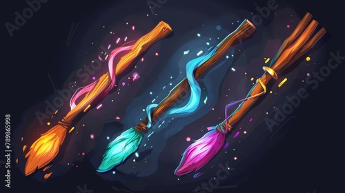 Set of cartoon witch broomsticks isolated on light background. Modern illustration of magic flight transport with wood handle glowing with neon colors, sparkles. Witchcraft accessory. Halloween item. photo