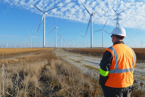 Engineer holding blueprint looking at wind turbines at wind farm
