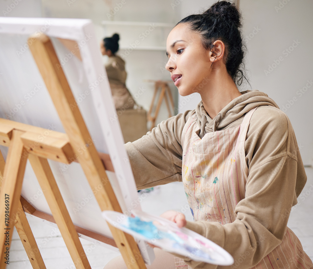 Art, canvas and palette with painter woman in studio for creative, expression or leisure hobby. Inspiration, passion and paintbrush with artist painting in workshop to relax for stress relief Art, canvas and palette with painter woman in studio for creative, expression or leisure hobby. Inspiration, passion and paintbrush with artist painting in workshop to relax for stress relief