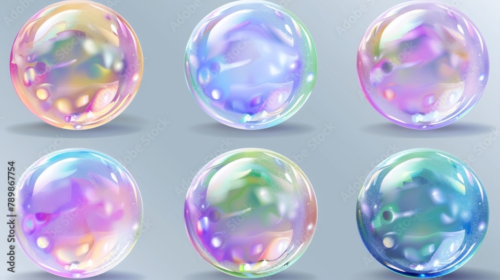 Modern set of 3D glass or soap transparent rainbow spheres. Iridescent foam bubbles with rainbow reflections. Abstract glossy fluid balls with rainbow reflections, modern realistic design. Modern set of 3D glass or soap transparent rainbow spheres. Iridescent foam bubbles with rainbow reflections. Abstract glossy fluid balls with rainbow reflections, modern realistic design.