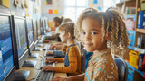 Elementary School Computer Science Classroom: Diverse Group of Little Smart Schoolchildren using Personal Computers, Learn Informatics, Internet Safety, Programming Language for Software Coding