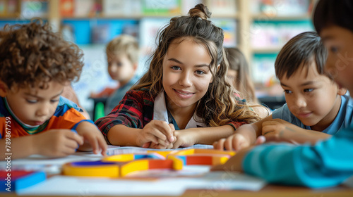 A kind female teacher spends time with her elementary school students, making learning enjoyable and fun while sparking curiosity and fostering a love for education