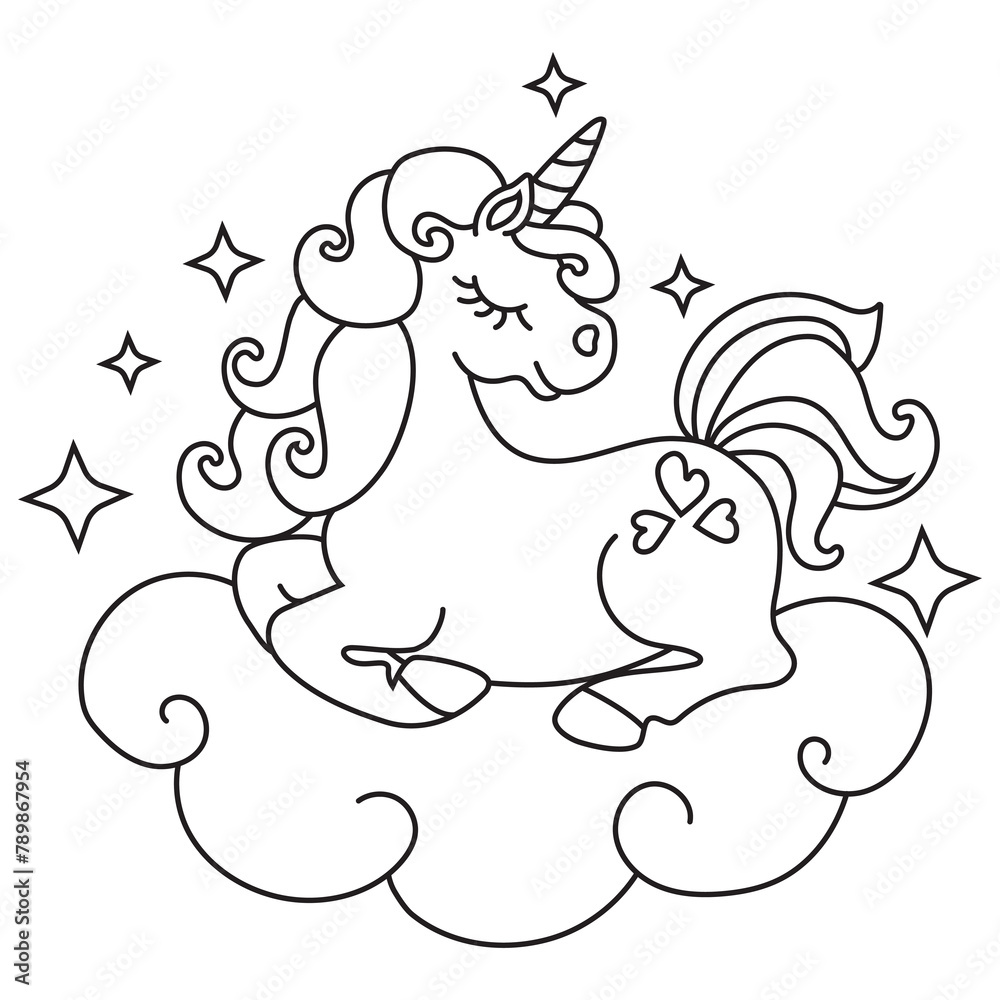 Cute unicorn on the cloud vector cartoon illustration