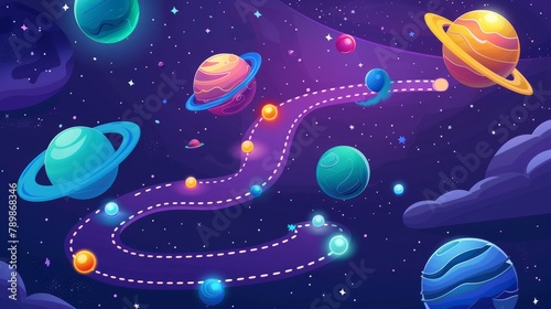 The level map of a space game with alien planets on dotted routes to the finish line. Cartoon modern illustration of a gaming route with steps marked with mysterious cosmic orbs. Ui play design with