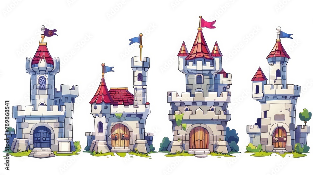 The medieval castle of a fairytale - cartoon modern illustration set of king houses with towers and flags, gates and windows, stone walls. A castle for the king or queen of a fairy tale. The medieval castle of a fairytale - cartoon modern illustration set of king houses with towers and flags, gates and windows, stone walls. A castle for the king or queen of a fairy tale.
