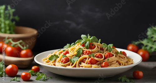Tasty traditional Italian linguini pasta with tomatoes and fresh parsley in a black background ai generative