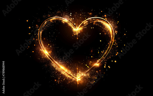 Shining Heart Golden Shape Frame on black Background. generative ai	