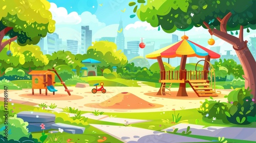 The playground in the city park is sunny with a rocking horse, wooden hut, sandbox under a parasol, tricycle, toys and a modern cityscape in the distance.
