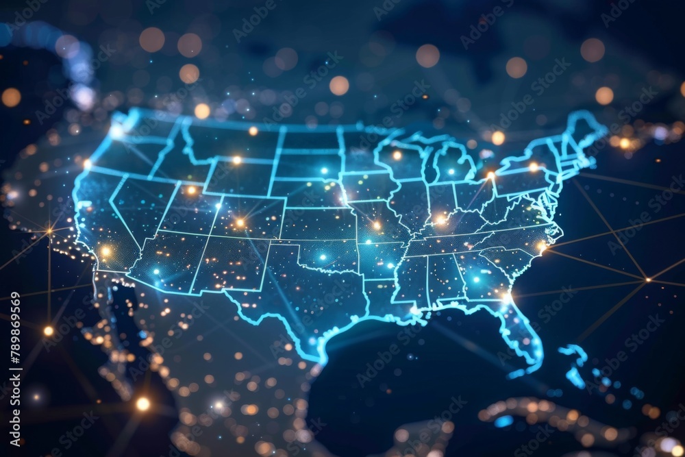 Obraz premium Digital Map of USA with Network Connection created with generative AI