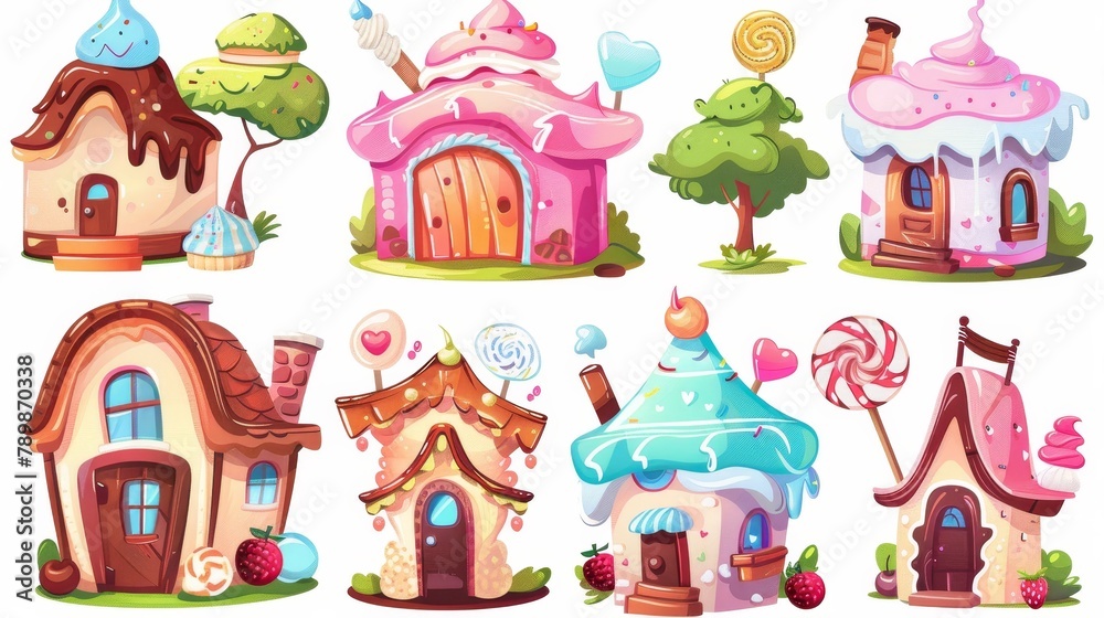 An adorable set of cute fantasy dessert homes for candyland design. Cartoon modern illustration set of cute fantasy dessert homes. Fantastic confectionery.