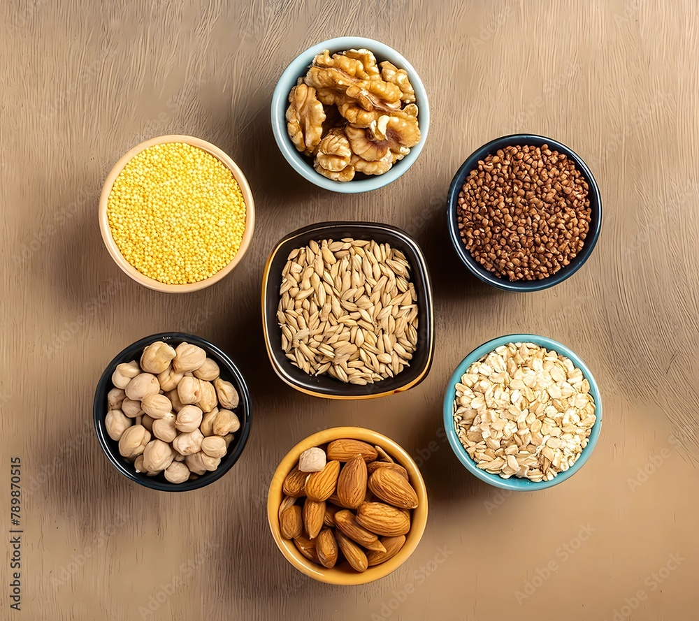 Top view on wood background - vital sources of nutrients Whole grains food ingredients - healthful diets rich with fiber and vitamin Top view on wood background - vital sources of nutrients Whole grains food ingredients - healthful diets rich with fiber and vitamin