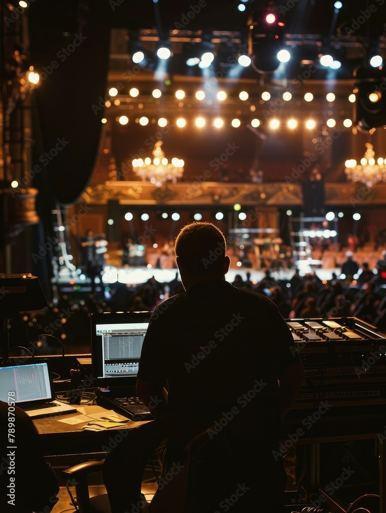 A man sits at a mixing console in a darkened theater.