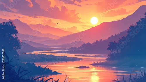 Illustration depicting a serene riverside at sunrise with mountains in the background and a flowing river in the foreground capturing the beauty of nature s landscape