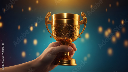 Hand holding golden cup Success and achievement victor