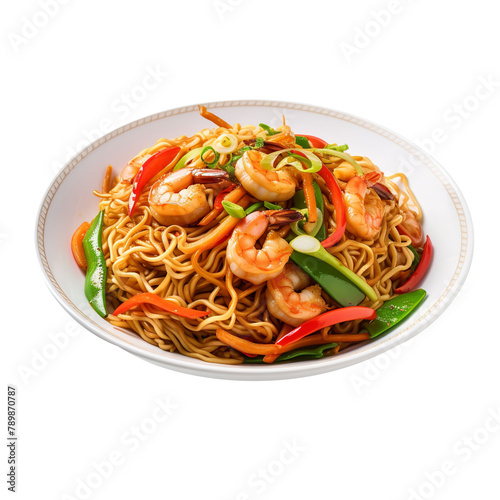 Spicy and Yummy Shrimp Chow Mein Isolated On White Background 