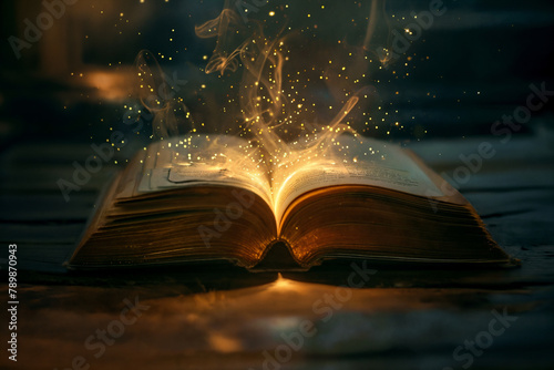 an open book emitting a magical glow and ethereal smoke against a dark backdrop, creating an enchanting atmosphere