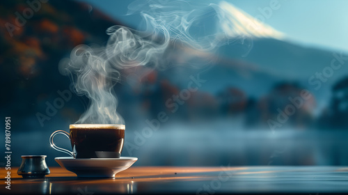 A hot coffee cup on a wooden table lots of smoke. The background is a picture of Mount Fuji, diffused light
