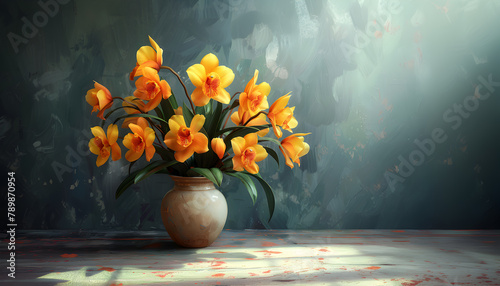 Bouquet of yellow orchids in a vase On the background of an oil painting, there is a soft light