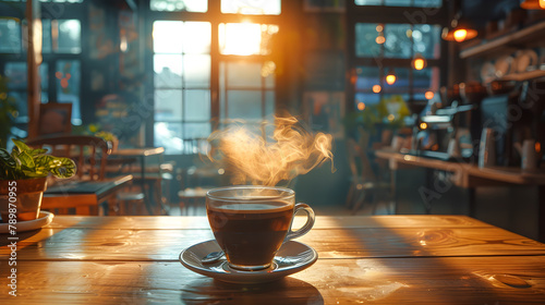Cup of hot coffee on a wooden table A bright morning in a coffee shop,diffused light
