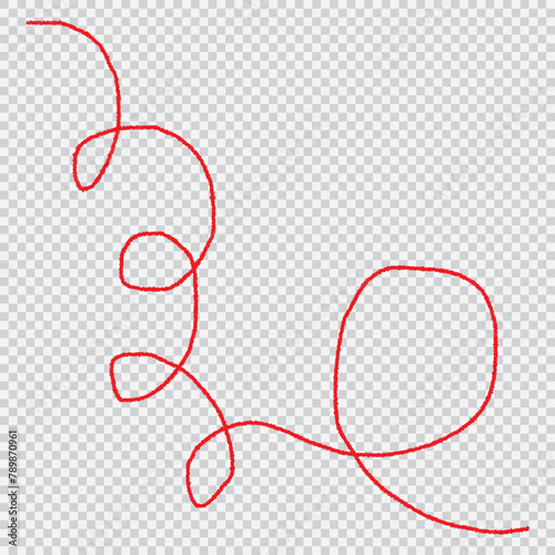 a red silk thread looped in a circle form, extending on both ends, symbolizing the red thread of fate in chinese tradition, on a pure white background with copy space.Line of red yarn, long red thread