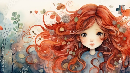 A watercolor painting of a girl with long, flowing red hair. She is standing in a field of flowers and the wind is blowing her hair around her. The background is a soft, light blue.
