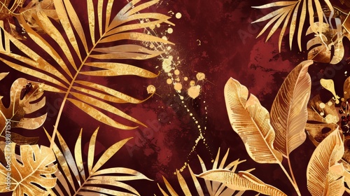 Modern illustration of tropical gold heliconia plants on dark red vintage background. A botanical vertical design with golden paint smear  exotic tropic jungle flowers for wedding invitations or