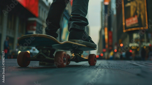 A sleek skateboard gliding along a city street.