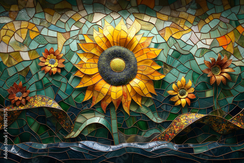 a stained glass artwork in the style of Gustav Klimt, big sunflower in the morning photo
