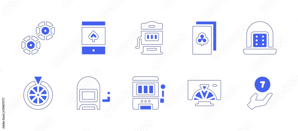 Betting icon set. Duotone style line stroke and bold. Vector illustration. Containing roulette, slot machine, ace of clubs, dice, tv, ball, spade, coins.