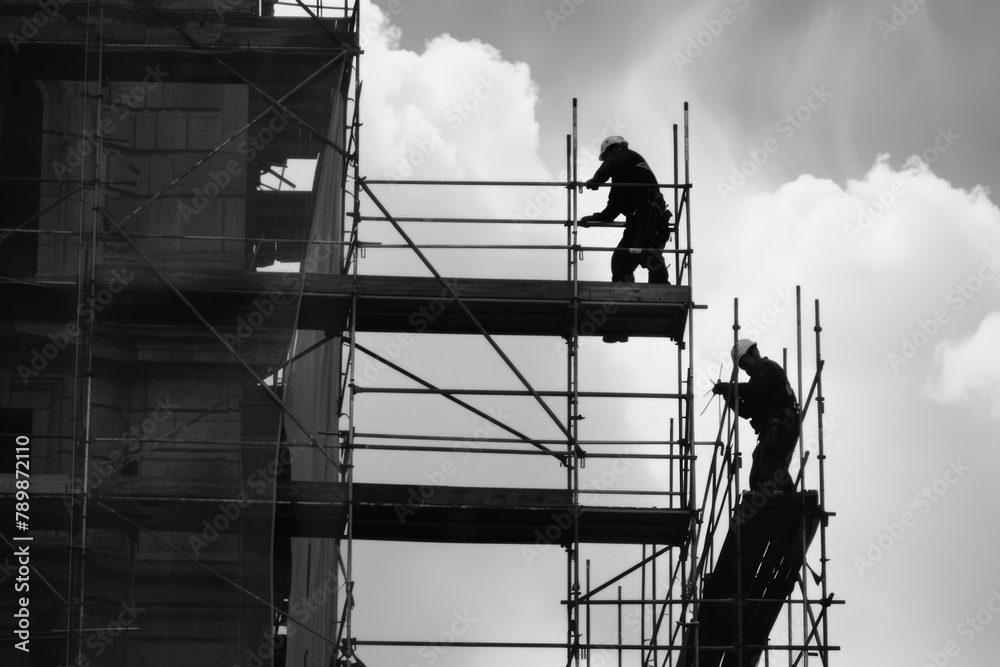 Active construction site with workers, machines, and scaffolding progressing. Active construction site with workers, machines, and scaffolding progressing.