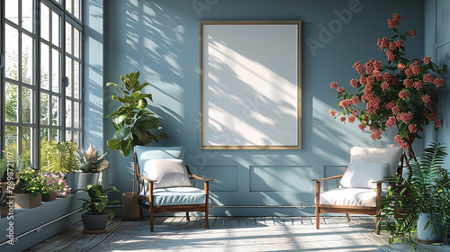 A gallery hall with a blank white wall frame mockup displaying a photorealistic still life painting.