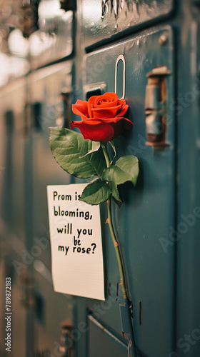 a red rose. Whisper romance with a single rosebud in your crush's locker. Perfect for shy souls. 'Prom is blooming, will you be my rose?' Promposal idea for National Lovers Day. Copy space available © Dinusha