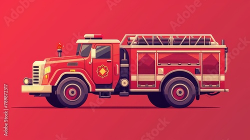 Firefighter vehicle side view isolated on red background with red fire engine  emergency rescue truck and flashing siren light. Modern cartoon illustration of firefighter vehicles.